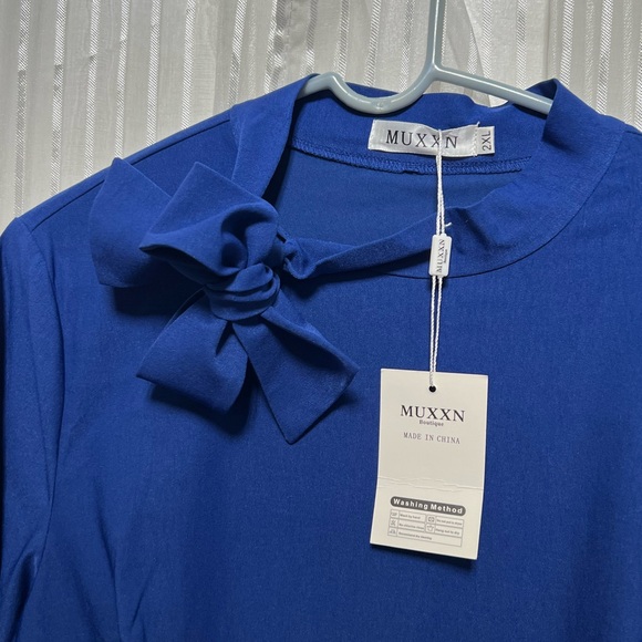 “Muxxn Boutique” SZ: (2XL) Blue, Tie Neck Dress, Pockets & Stretch NWTags - Picture 3 of 10